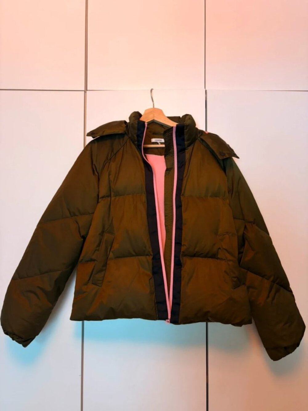 GANNI 1690 Vandalia Down Puffer Jacket Khaki Pink Size S